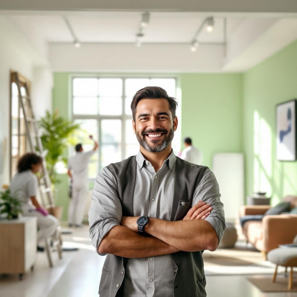 hombre con pintores detràs